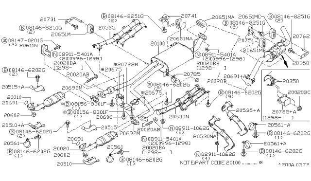 1998 Infiniti QX4 Exhaust Tube & Muffler Diagram 1