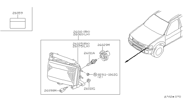 1998 Infiniti QX4 Headlamp Housing Assembly, Right Diagram for 26025-1W310