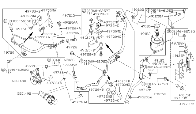 2000 Infiniti QX4 Power Steering Suction Hose Assembly Diagram for 49717-4W000