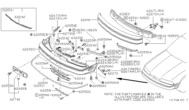 1993 Infiniti Q45 Front Bumper Grille Diagram for 62256-60U00