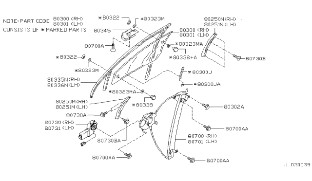 1995 Infiniti Q45 Motor Assy-Regulator,RH Diagram for 80730-60U03