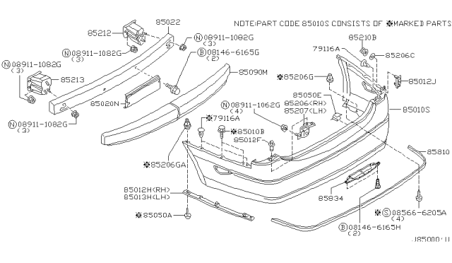 2002 Infiniti I35 OVERRIDER Assembly-Rear Bumper Diagram for 85065-2Y900