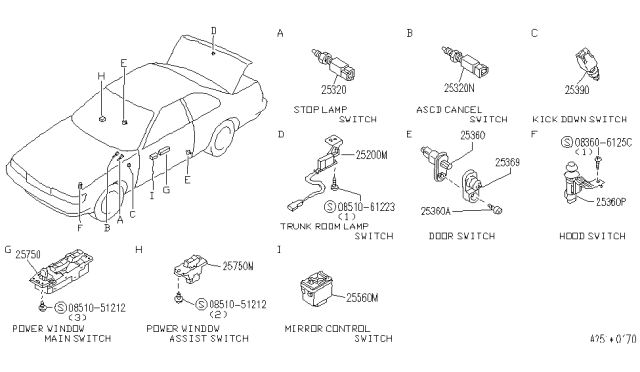1990 Infiniti M30 Assist Power Window Switch Assembly Diagram for 25411-F6600
