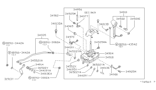 1990 Infiniti M30 Transmission Control Device Assembly Diagram for 34901-F6661