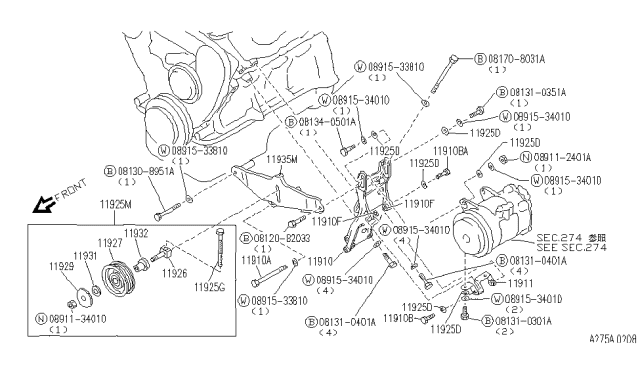 1991 Infiniti M30 PULLEY Assembly-IDLER Compressor Diagram for 11925-F6100