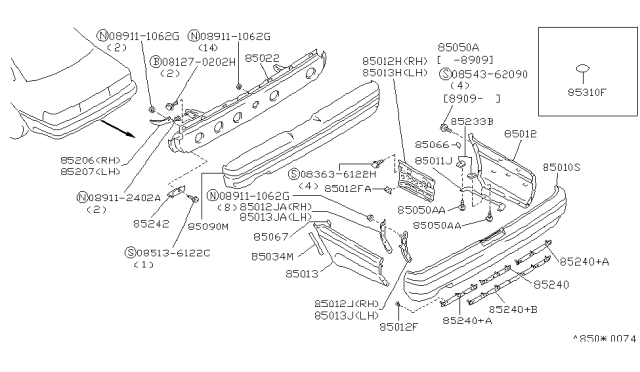 1990 Infiniti M30 Bracket-Rear Bumper Side,RH Diagram for 85220-F6600