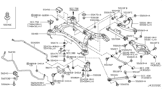2005 Infiniti Q45 Member Complete-Rear Suspension Diagram for 55400-AR70A