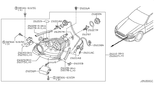 2004 Infiniti Q45 Right Headlight Assembly Diagram for 26010-AS525