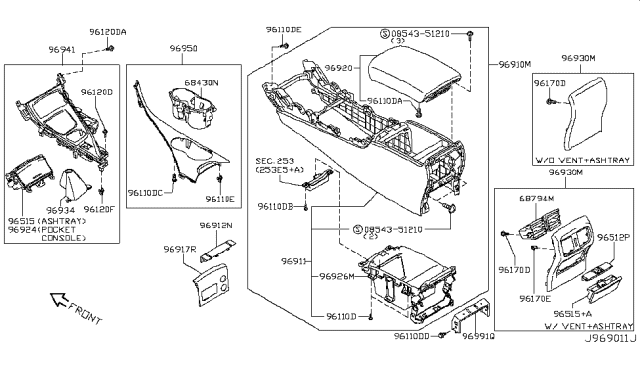 2014 Infiniti Q50 Console Box Lid Assembly Diagram for 96920-4GA0A