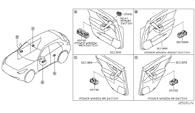 2015 Infiniti QX70 Main Power Window Switch Assembly Diagram for 25401-1CA6A