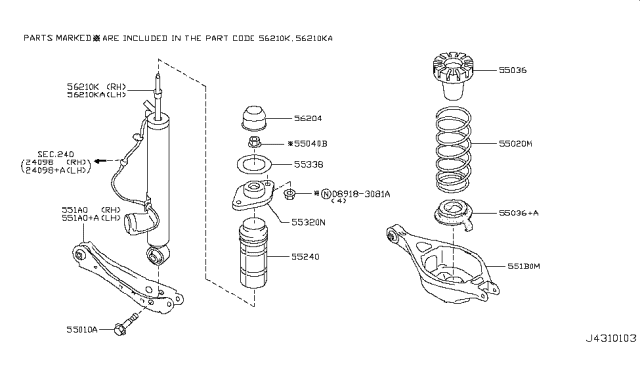 2013 Infiniti FX50 Rear Suspension Bound Bumper Assembly Diagram for 55240-1BA0A