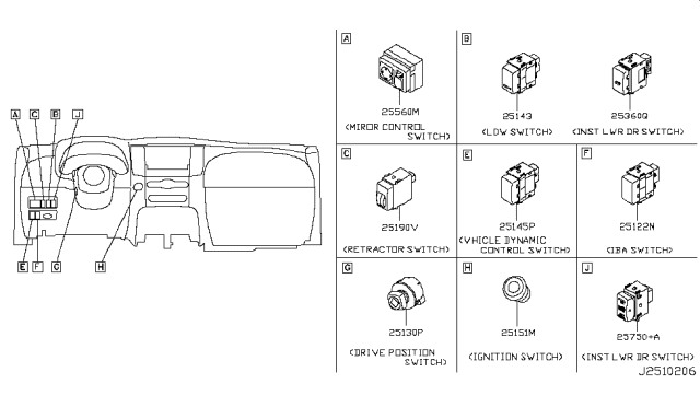 2010 Infiniti FX35 Switch Assembly-LDW Diagram for 25143-1UX0A