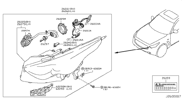 2012 Infiniti FX50 Right Headlight Assembly Diagram for 26010-1CE0C