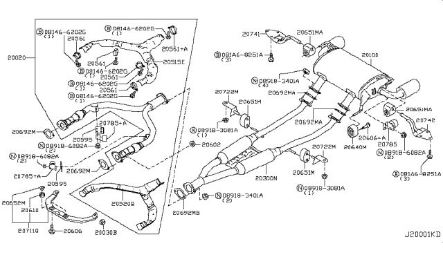 2011 Infiniti FX50 Front Exhaust Tube Assembly Diagram for 20020-1CA0A