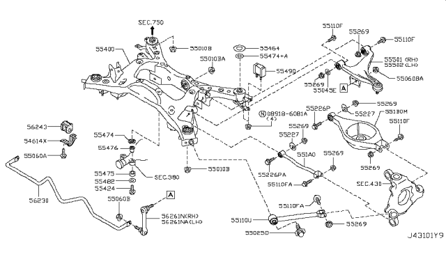 2013 Infiniti G37 Member Complete-Rear Suspension Diagram for 55400-JK00B