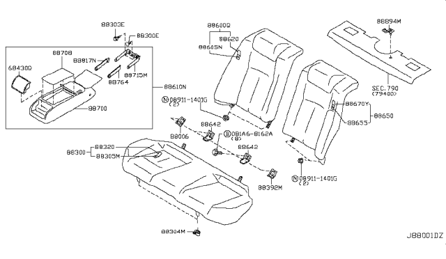 2012 Infiniti G37 Rear Seat Armrest Assembly Diagram for 88700-1NF2B