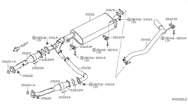 2009 Infiniti QX56 Front Exhaust Tube Assembly Diagram for 20010-ZE00A