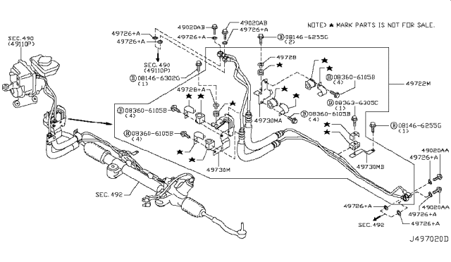 2014 Infiniti Q70 Power Steering Pressure Hose & Tube Assembly Diagram for 49720-1MG0A