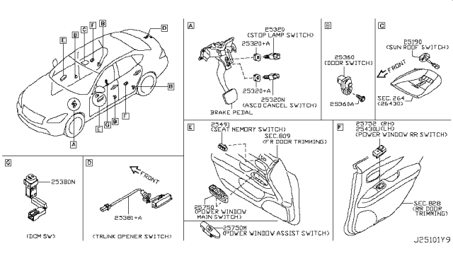2012 Infiniti M35h Rear Power Window Switch Assembly Diagram for 25421-1MA5A