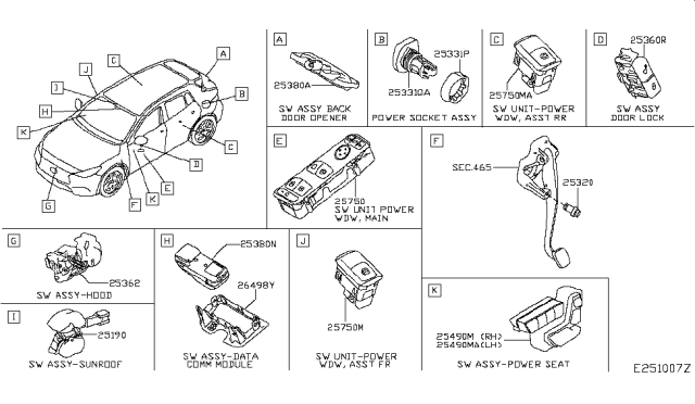 2019 Infiniti QX30 Power Seat Switch Assembly Diagram for 25490-HW01A