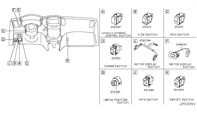 2008 Infiniti EX35 Switch Assy-Vehicle Dynamics Control Diagram for 25145-JK00A