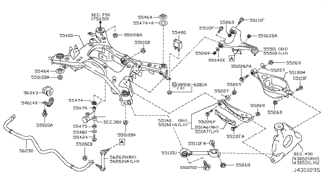 2017 Infiniti QX50 Rear Left Suspension Arm Assembly Diagram for 55502-1BA0A