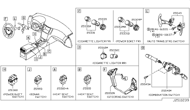 2010 Infiniti G37 Heat Seat Switch Assembly Diagram for 25500-1BN1A
