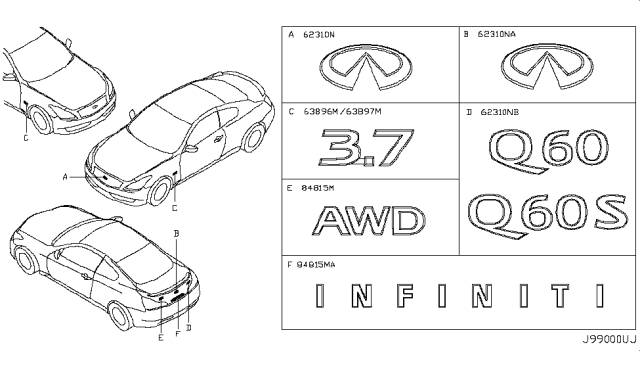 2013 Infiniti G37 Radiator Grille Emblem Diagram for 84890-JL60A