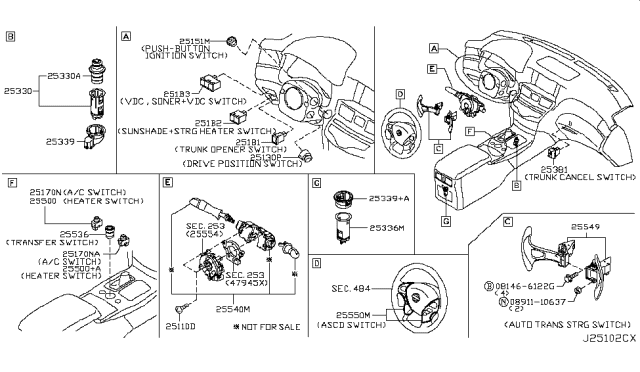 2015 Infiniti Q70 Heat Seat Switch Assembly Diagram for 25500-1MA5A
