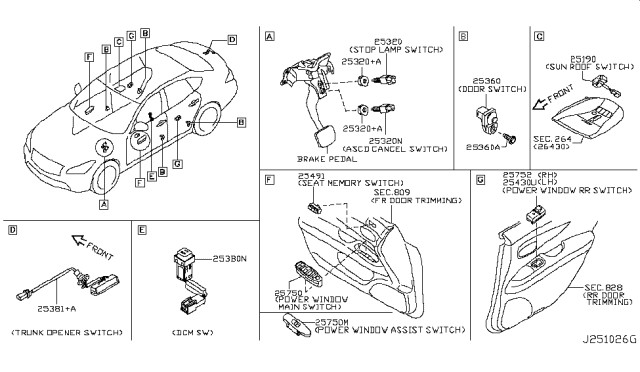 2014 Infiniti Q70 Rear Power Window Switch Assembly Diagram for 25421-4AM0A