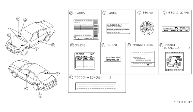 1998 Infiniti I30 Label-Parts Content Diagram for 990A2-41U10