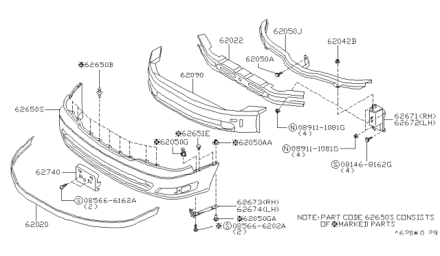 1999 Infiniti I30 Right Hand Front Bumper Stay Diagram for 62210-53U10