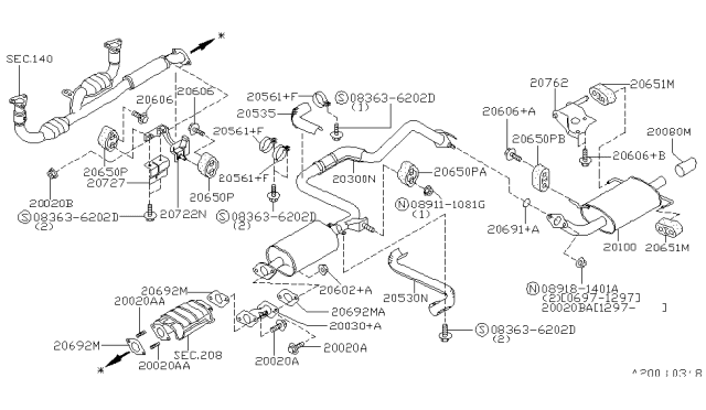 1999 Infiniti I30 Exhaust Main Muffler Assembly Diagram for 20100-40U16