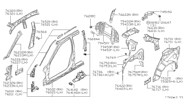 1996 Infiniti I30 Pillar-Front,Inner Upper LH Diagram for 76233-40U00