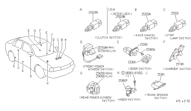 1996 Infiniti G20 Rear Power Window Switch Assembly, Right Diagram for 25421-87N00