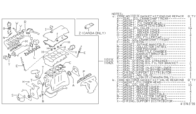 1996 Infiniti G20 Gasket Kit-Valve REGRind Diagram for 11042-0J225