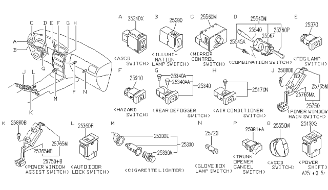 1993 Infiniti G20 Switch Assy-Turn Signal Diagram for 25540-78J00