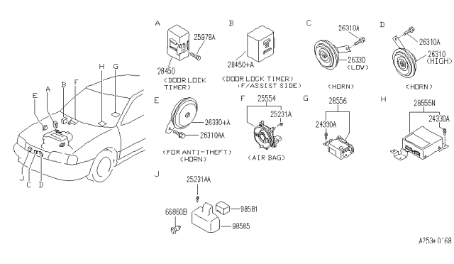 1993 Infiniti G20 Steering Air Bag Wire Assembly Diagram for B5554-69Y10