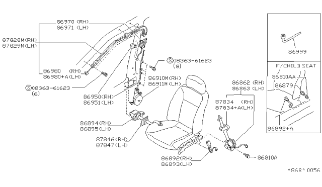 1993 Infiniti G20 Finisher-Seat Belt,RH Diagram for 87834-62J05