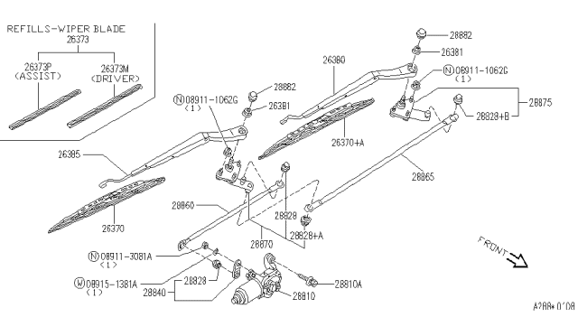 1996 Infiniti G20 Window Wiper Arm Assembly Diagram for 28886-59J03