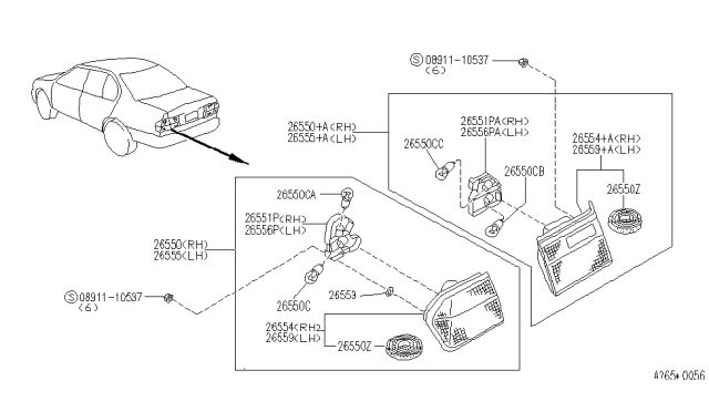 1993 Infiniti G20 Lamp Assembly-Rear Combination, L Diagram for B6555-62J00