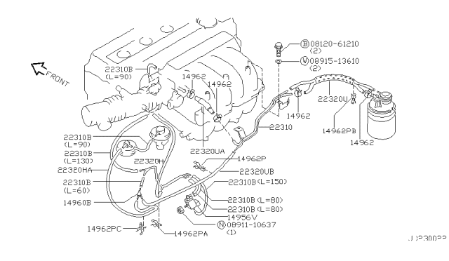 1995 Infiniti G20 Hose-Vacuum Control,A Diagram for 22320-64Y02