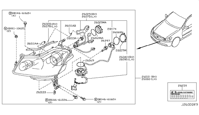 2009 Infiniti M35 Headlamp Housing Assembly, Right Diagram for 26025-EH11D