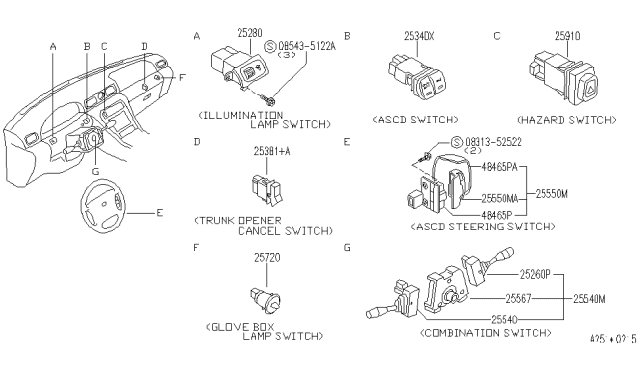 1995 Infiniti J30 Switch Illumination Lamp Diagram for 25980-10Y03
