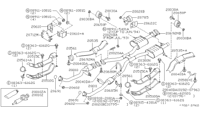 1995 Infiniti J30 Front Exhaust Tube Assembly Diagram for 20010-10Y10