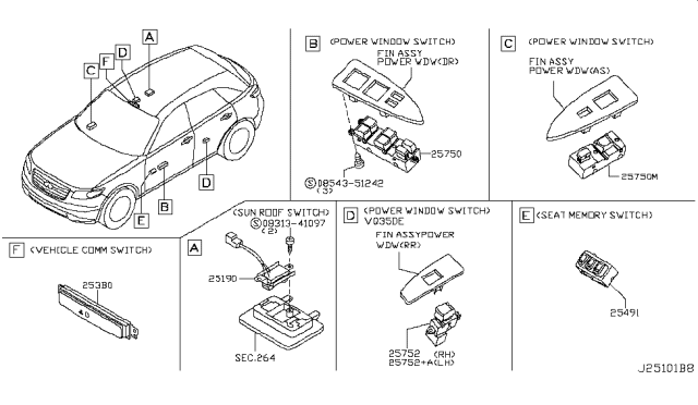 2007 Infiniti FX35 Main Power Window Switch Assembly Diagram for 25401-8Y70A