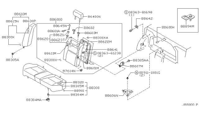 2000 Infiniti G20 FINISHER Rear Seat Lock Knob Diagram for 88621-6J915
