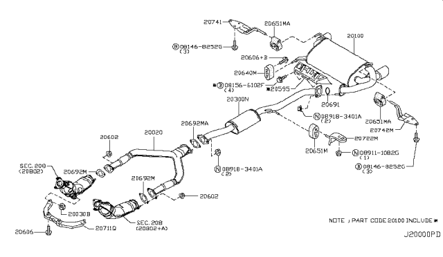 2006 Infiniti G35 Exhaust Sub Muffler Assembly Diagram for 20300-AM800