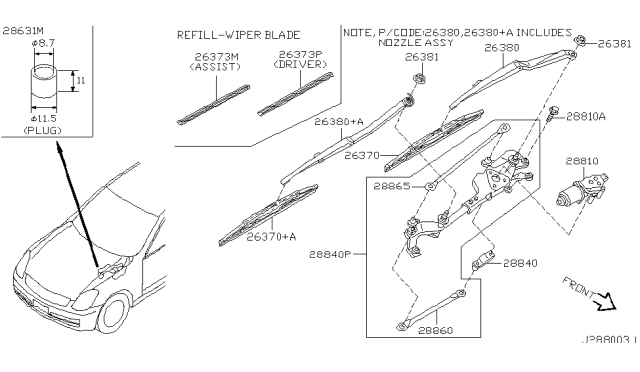 2006 Infiniti G35 Wiper Blade Driver Refill Diagram for 28895-8H900