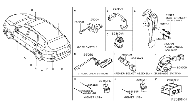 2019 Infiniti QX60 Switch Assembly Trunk Opener Diagram for 25380-3JA0A